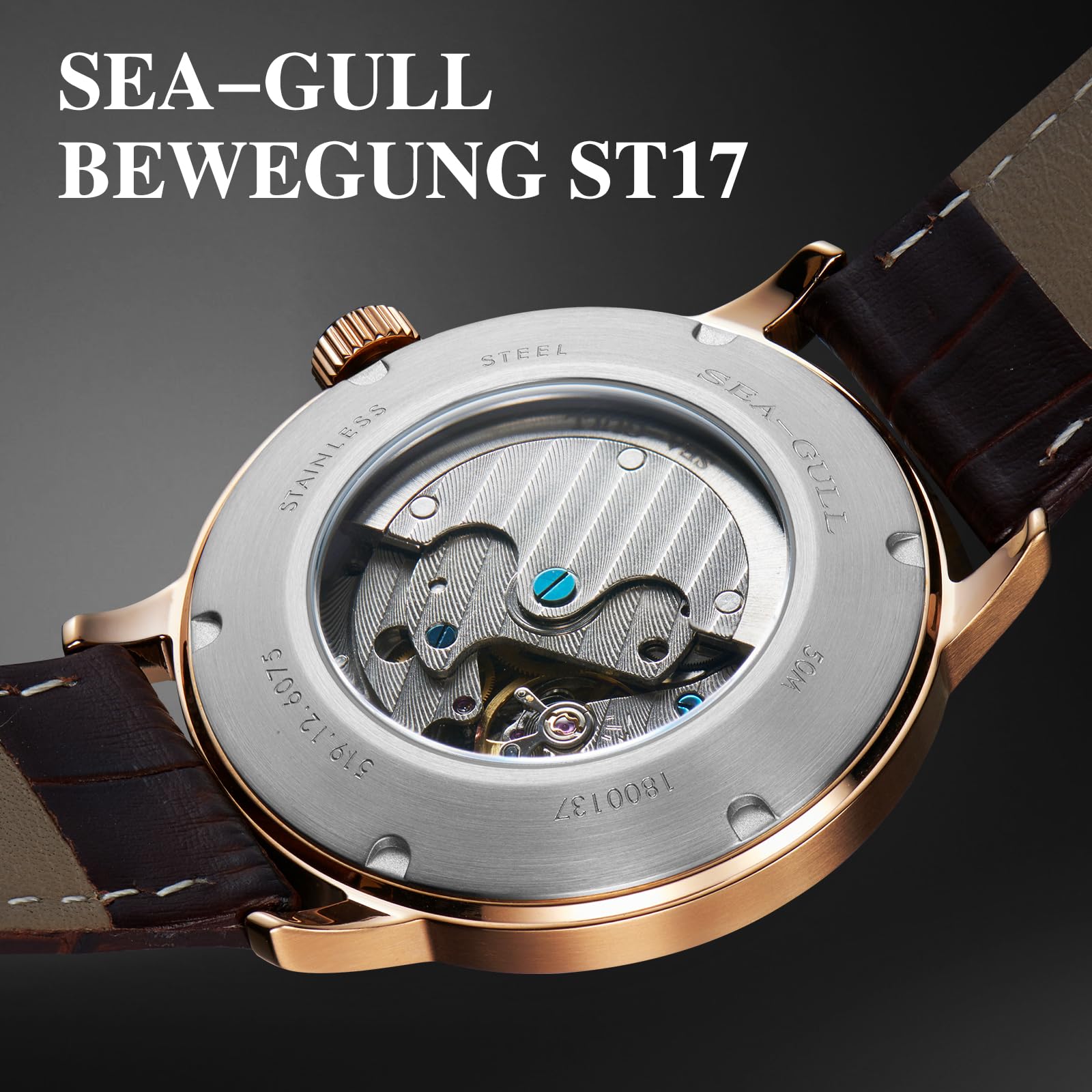 Seagull Herren Automatik Mechanische Uhr mit Sekunden-Unterzifferblatt Business Lederarmband Analog Anzeige Armbanduhr 40mm