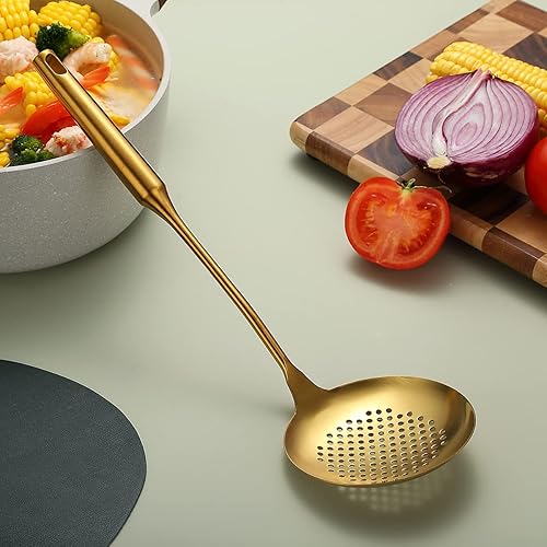 Miniatura 3 de Espumador de cocina de acero inoxidable dorado resistente, cuchara ranurada, con mango cómodo y agujeros para colgar, fácil de almacenar y apto para