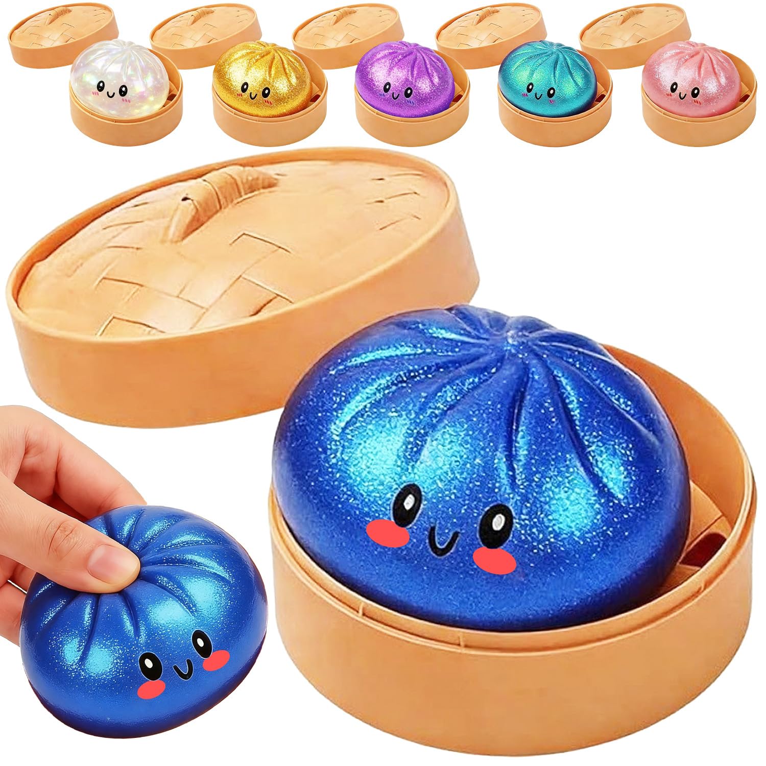 Dumpling Squishy Toy, New Cute Glitter Dumpling Squishy Ball with Plastic Steamer Box, Giant Mystery Dumpling Squishy, Sensory Anxiety Relief Squeeze Toy for Kids & Adults Ages 3+ (Glitter Blue1)