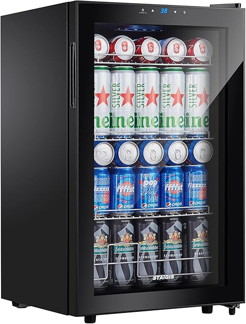STAIGIS Mini Beverage Refrigerator Freestanding, 2.5 Cu.ft Mini Fridge w/ 101 Can Capacity, Small Drink Fridge for Home & Office, Glass Door