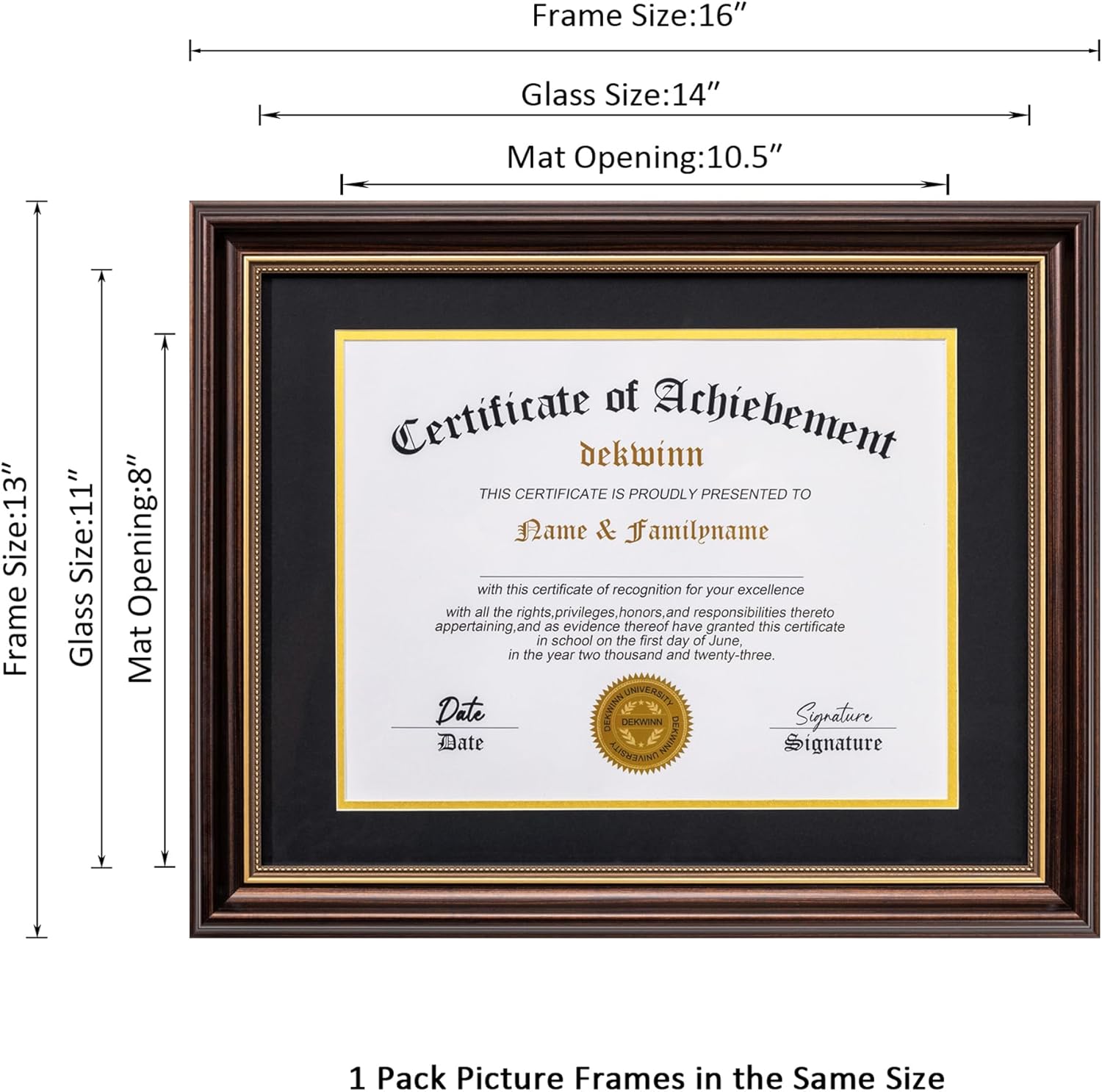 Diploma Frames 8.5x11 with Mat or 11x14 without Mat,1 Pack Reddish Brown/Gold Trim Certificate Document Picture Frame,Real Glass(Black/Gold Double Mat)