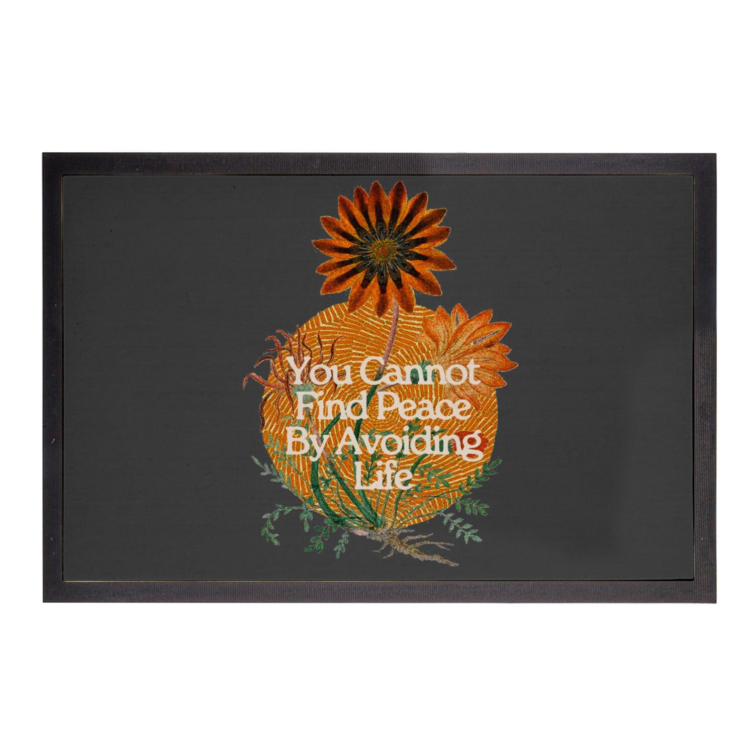 Paillasson noir rectangulaire imprimé botanique vintage avec citation fleurs