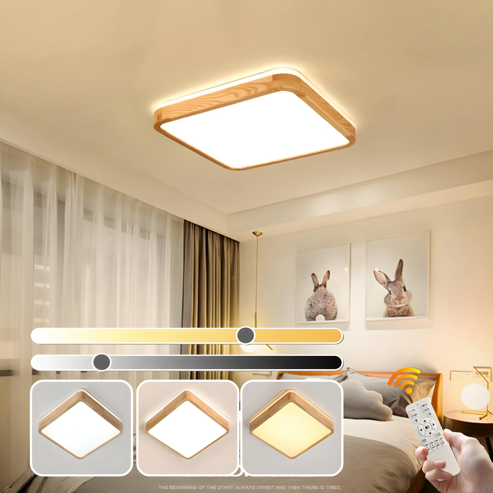 YYUTLUO LED Ceiling Light Wood, Top 360° Glow Square Natural Wooden Lamp | Dimmable with Remote Control 2700K-6500K, 30W | Living Room, Dining Room, Hallway, Home, Office, Children's Room(Ø40cm) — image 1