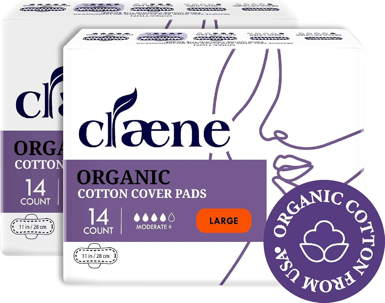 Claene Organic Cotton Cover Pads, Cruelty-Free, Menstrual Large Pads for Women, Unscented, Breathable, Vegan, Natural Sanitary Napkins with Wings (Large, 2 Pack, Total 28) : Health & Household