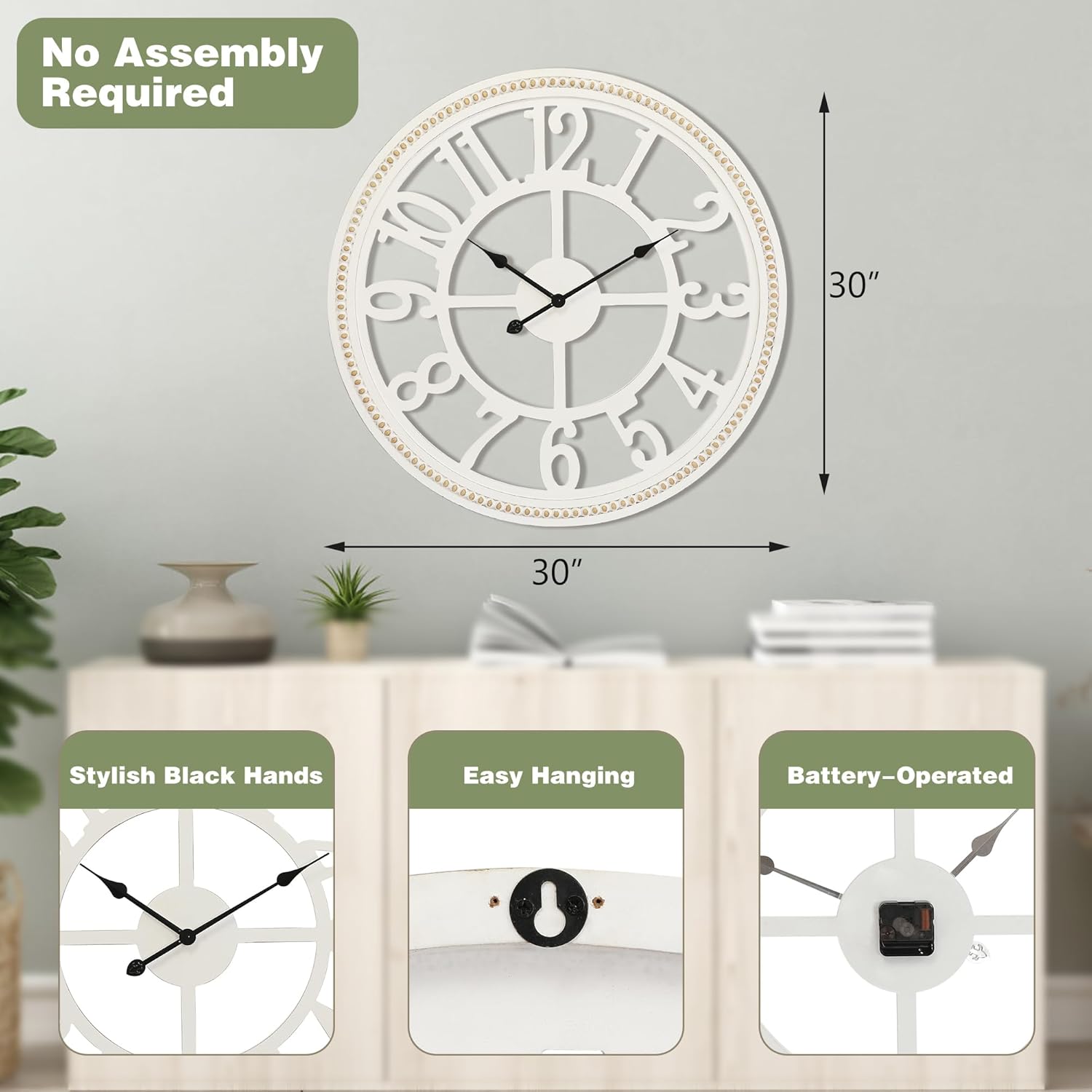 RiteSune Farmhouse Wall Clock 30 Inch, Large Wall Clock with Boho Beads, Wooden Silent Wall Clocks Battery Operated Easy Read, Clocks for Wall Decor