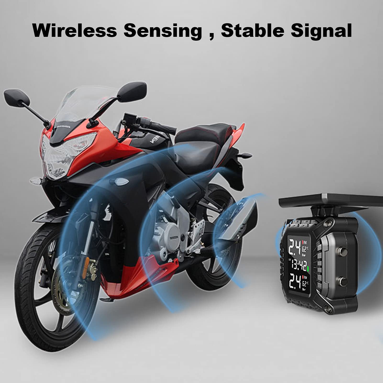 Reifendruckdetektor, Reifendruckkontrollsystem TPMS für Motorräder Solar Wireless Charging IP67 Wasserdicht mit 2 externen Sensoren TPMS Echtzeitanzeigen 2 Reifendruck und Temperatur