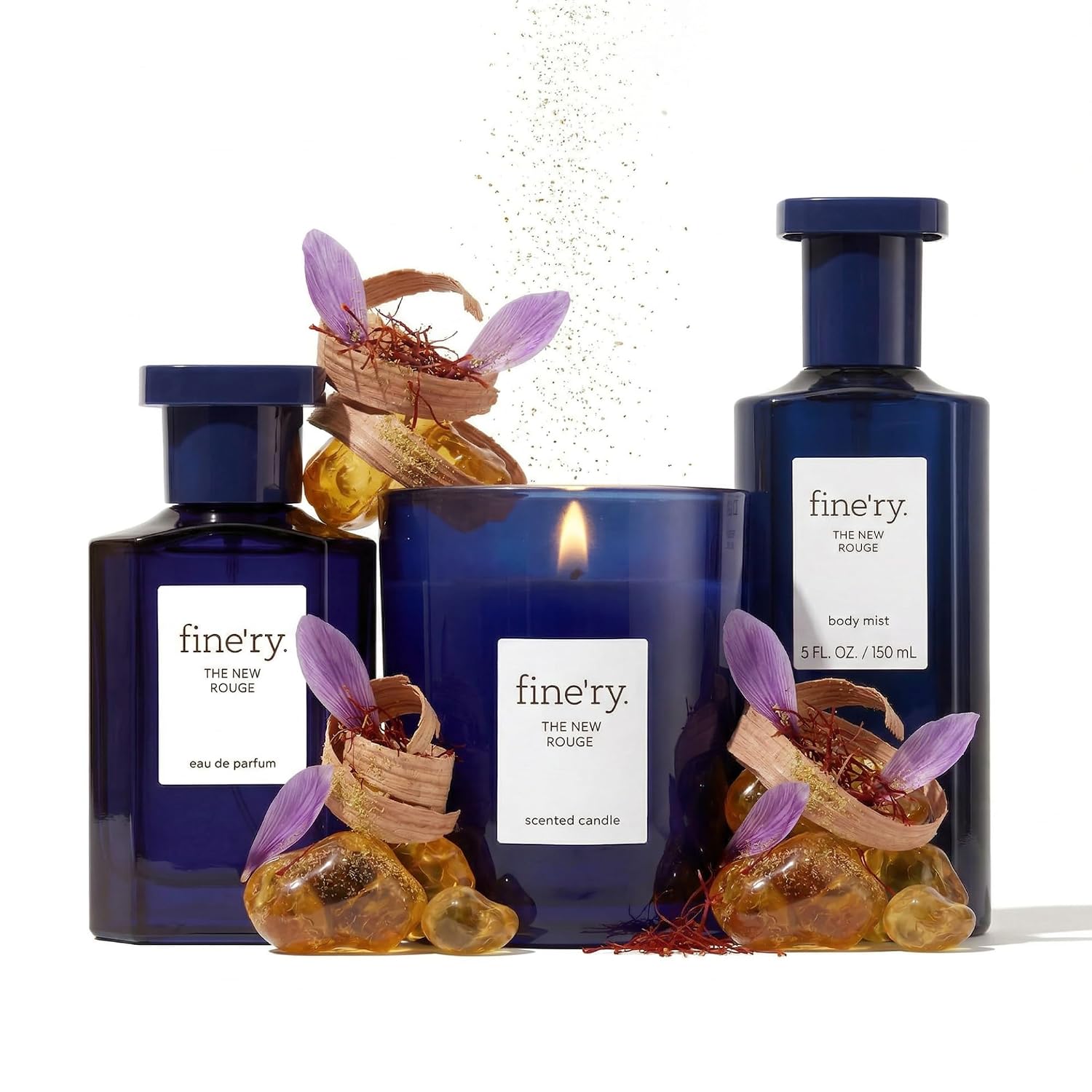 Fine'ry The New Rouge Deluxe Fragrance Gift Set | Eau De Parfum, Candle & Body Mist | Warm & Spicy Notes Of Saffron, Amber & Sandalwood | Luxury Body & Home Signature Scent Trio