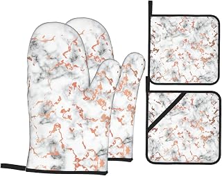 Marble Texture Copper Splatter Printing Oven Mitts and Pot Holders 4pcs Set,High Heat Resistant Kitchen Gloves for Baking Cooking