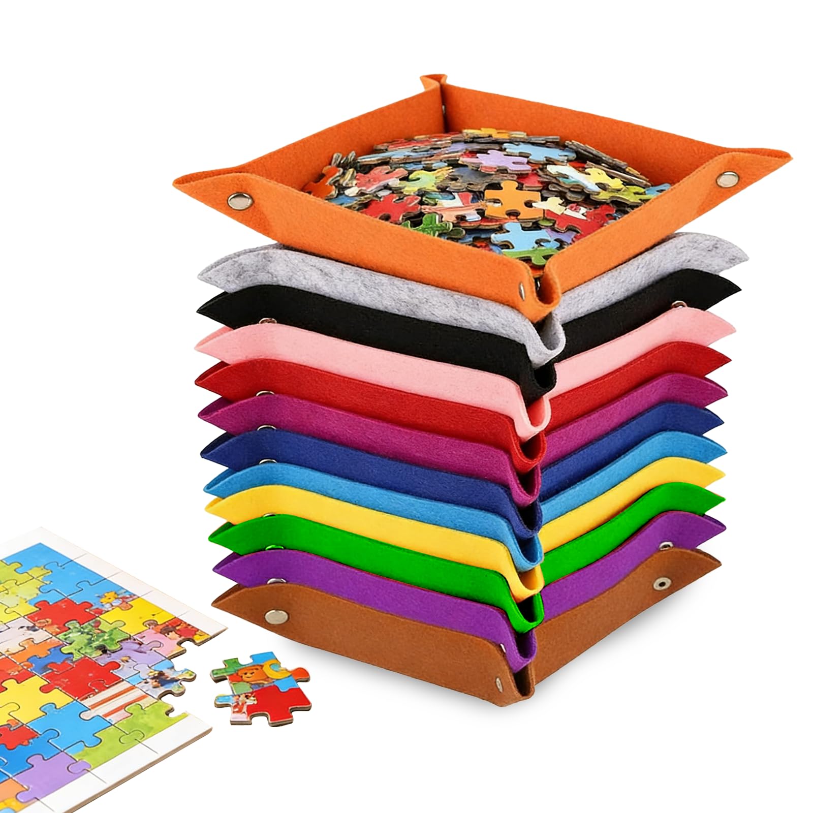 Set De 12 Plateaux Trieurs De Puzzle En Feutre - Pliables, Empilables, Boutons-pression, Pour 2000 Pièces - Multicolore