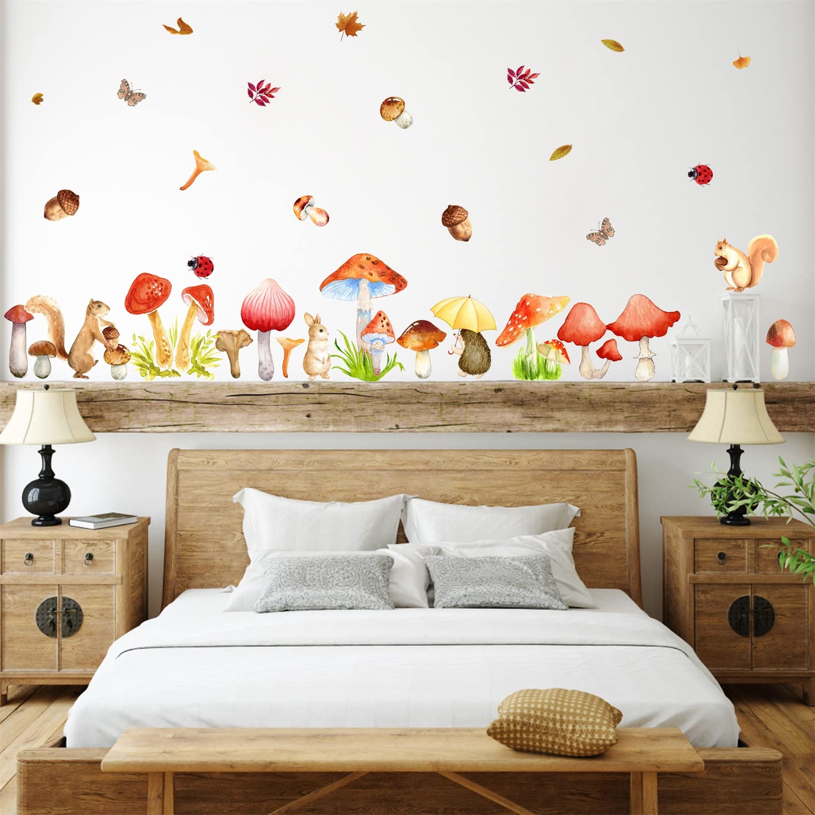 Watercolor Mushroom Wall Decals Colorful Mushroom Wall Stickers Cute Animal Autumn Leaf Wall Stickers Peel and Stick Mushroom Wall Decals for Bedroom