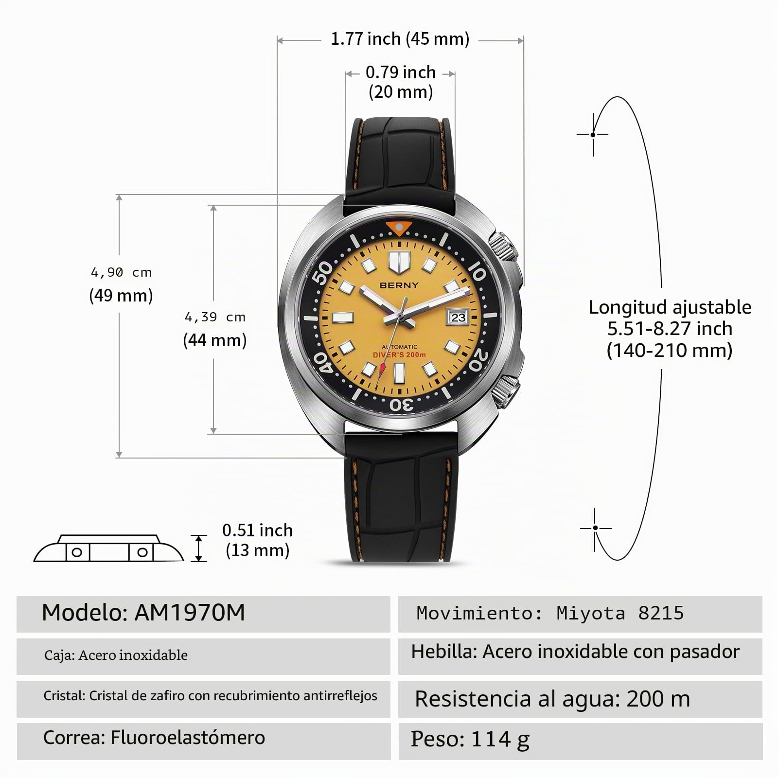 BERNY Reloj Automático para Hombres 200M Impermeable Buceo Mecánico Super Luminoso