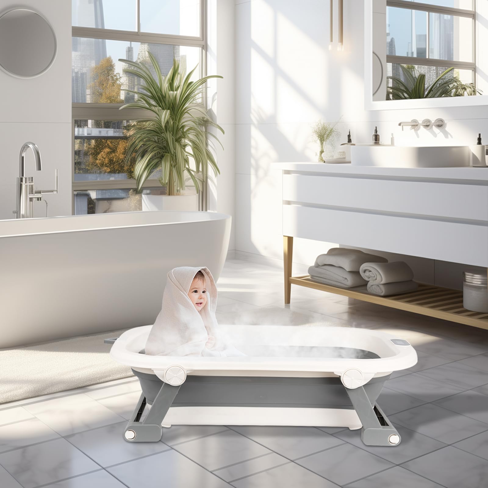 Baignoire Bébé Pliable avec Thermomètre Digital Compacte Portable