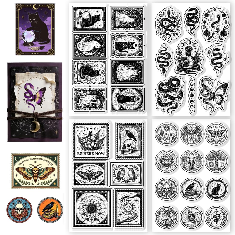 CONCHLERY 4 Sheets Divination Element Clear Stamps Mysterious Cat Tarot Cards Silicone Stamp Seal Transparent Stamps for DIY Scrapbooking and Card Making Paper Craft Decor, 6.3x4.3 Inch
