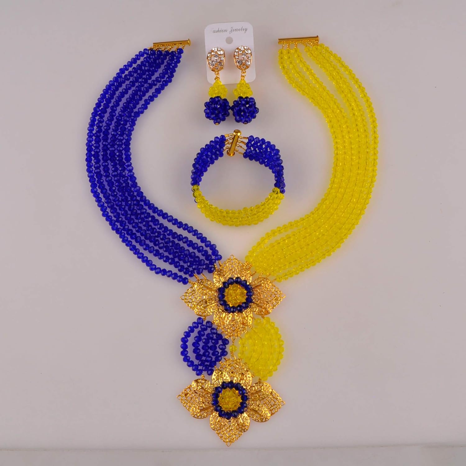 Fashion African Bead Necklace Nigerian Beads Wedding Jewelry Sets for Women (Royal Blue Yellow) - Image 4