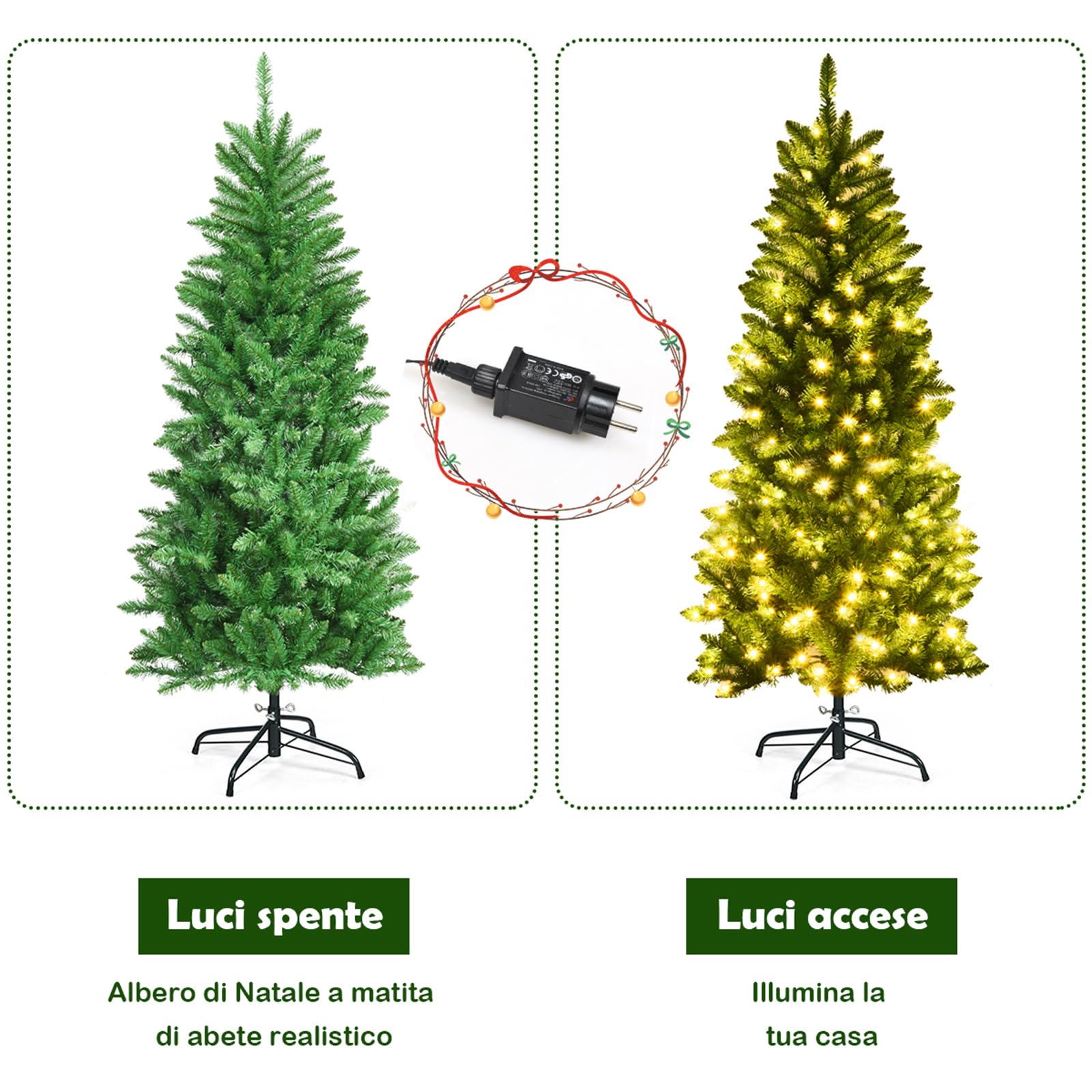COSTWAY Albero di Natale Slim 150/180/210 cm, Albero di Natale con 150/250/350 Luci LED, 300/743/995 Rami Folti e Base di Metallo, Decorazione Natalizia per Casa e Ufficio (150cm)