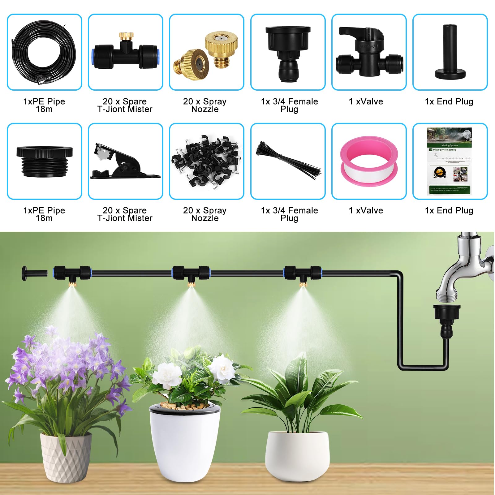 Kit Nebulizador Terraza Jardín,Kit de nebulización de Agua para Exteriores,Sistema de enfriamiento de nebulización,System de Nebulización Automática para Jardín Terraza Invernadero