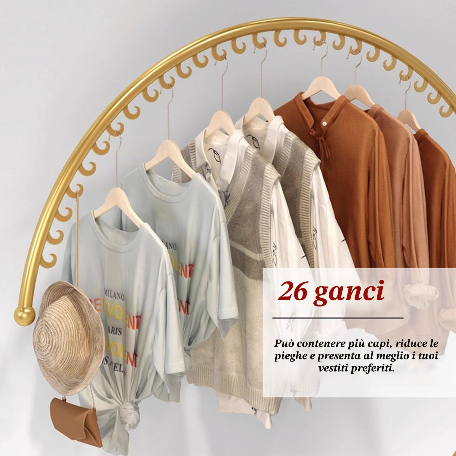 Appendiabiti a C – Portabiti Commerciale con 26 Anelli, Salvaspazio e Resistente, Carico 60 kg – per Camera, Corridoio, Negozio, Moderno Espositore per Abbigliamento (oro, 160x150cm)