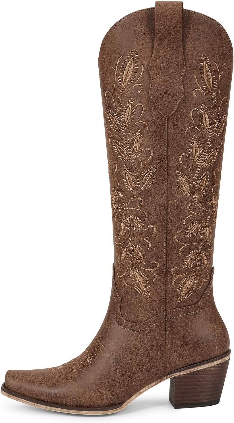wetkiss Cowboy Boots for Women Knee High Boots Square Toe Cowgirl Boots with Side Zipper Chunky Heel Western Boots Women Retro Vintage Floral Embroidered Tall Cowboy Boots