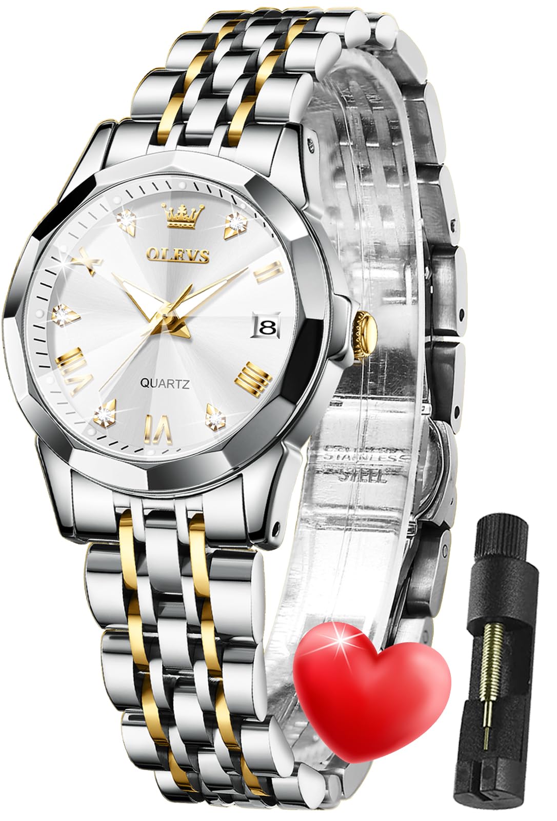 OLEVS Damen Uhr Quarzuhr mit Diamant Edelstahlarmband Wasserdicht Datumsanzeige Elegante Damenuhr für Frauen Geschenke zum Muttertag