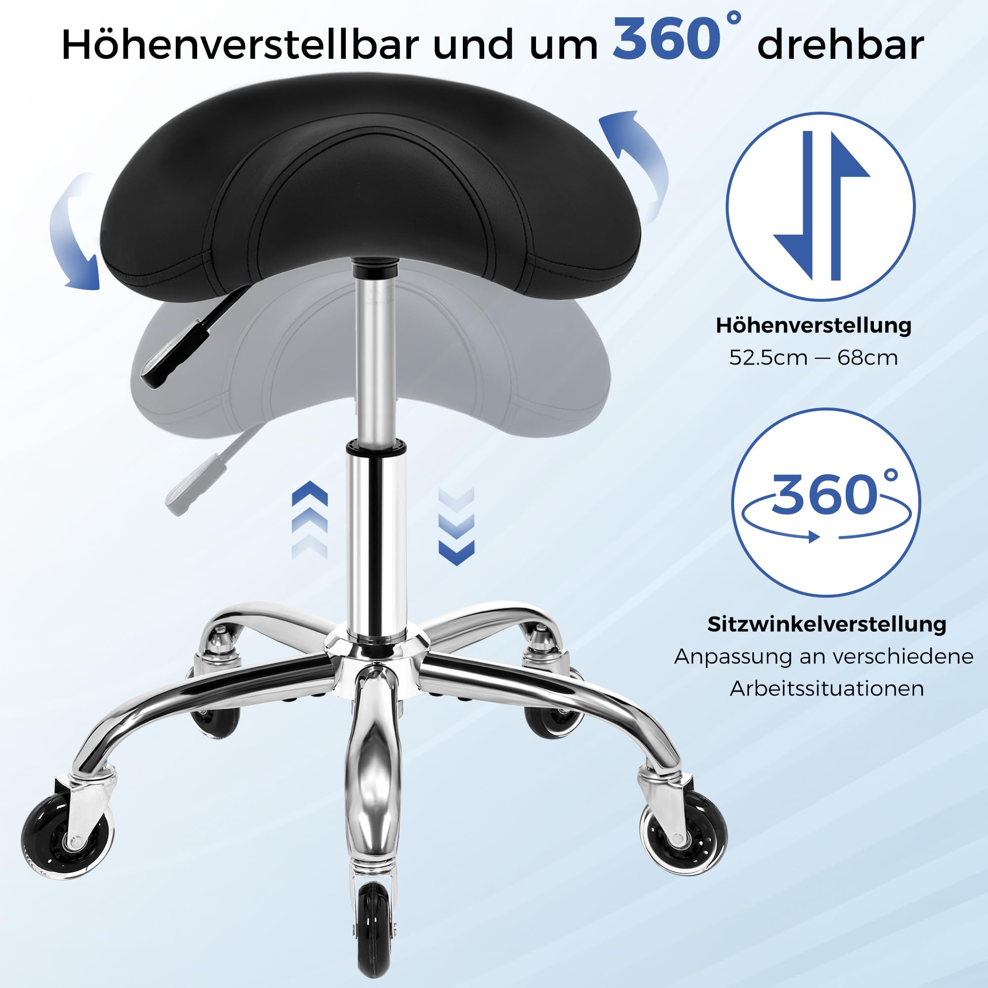 ANWBROAD Sattelhocker mit Rollen 360° Drehhocker Silent-Rollen höhenverstellbar Rollhocker bis 205 kg Ergonomisch Dickes Leder breite Sitz für Schönheitssalons, Salon, Spa und Kliniken Schwarz WSS001B