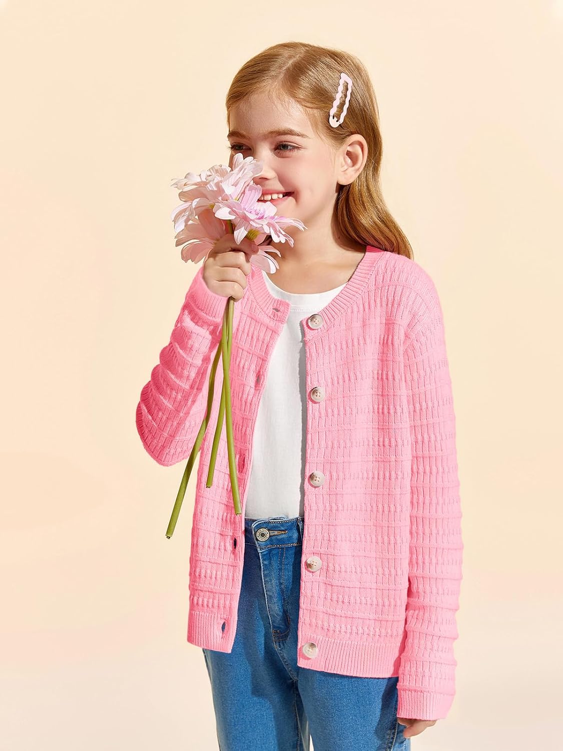 Haloumoning Girls Button Down Cardigan Jackets Kids Long Sleeve Cable Knit Sweaters 5-14 Years - Image 3