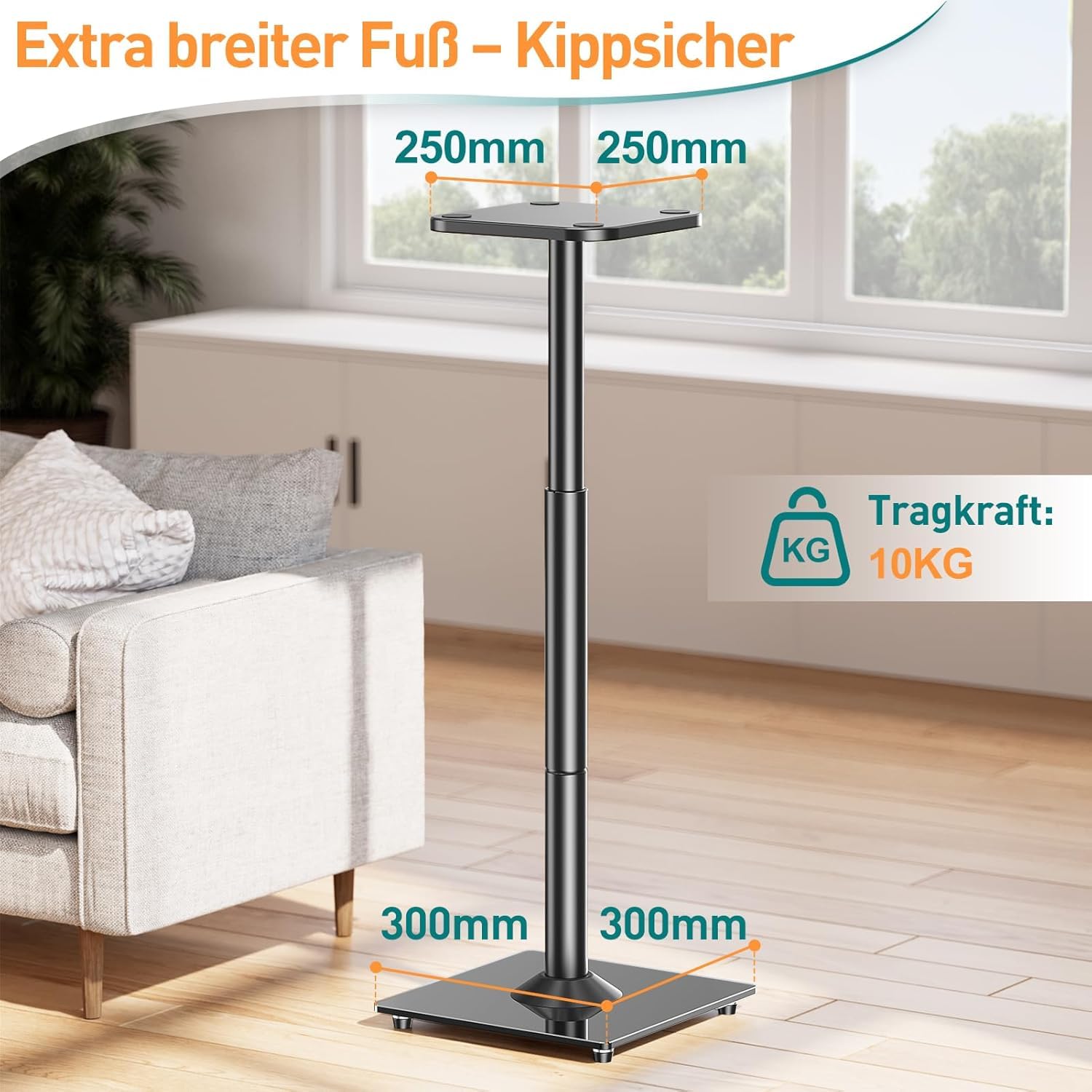ELIVED Universal Lautsprecherständer höhenverstellbar bis 95cm, Boxenständer mit Glassockel & interner Kabelkanal für Regallautsprecher, 10kg Tragkraf, Schwarz, 1 Paar