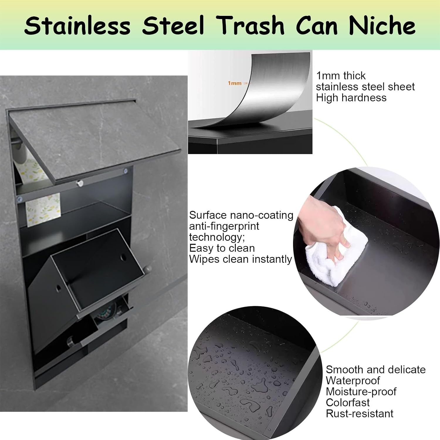 Space-Saving Recessed Wall Niche with Removable Trash Can Rack, Stainless Steel Toilet Paper Holder & Storage Solution, White Finish (11.7x31.1x5.3 in)
