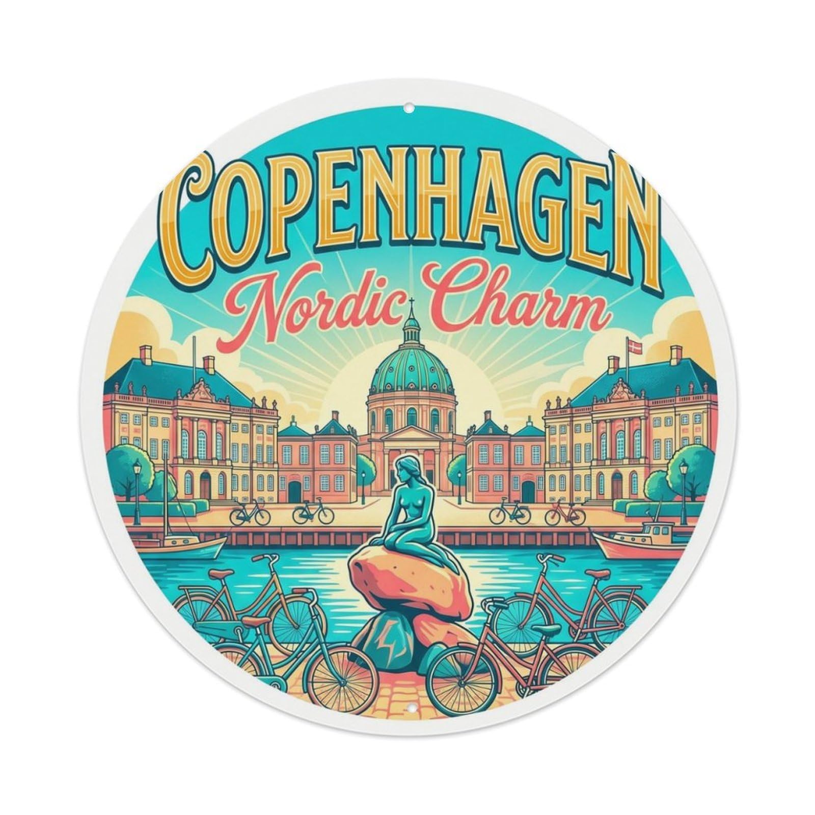 Vintage Travel Danish Scandinavian Heritage Metal Tin Sign Plaque Wall Decor for Cafe, Club Bar, Office, Home Garden Round Metal Poster 8x8Inch