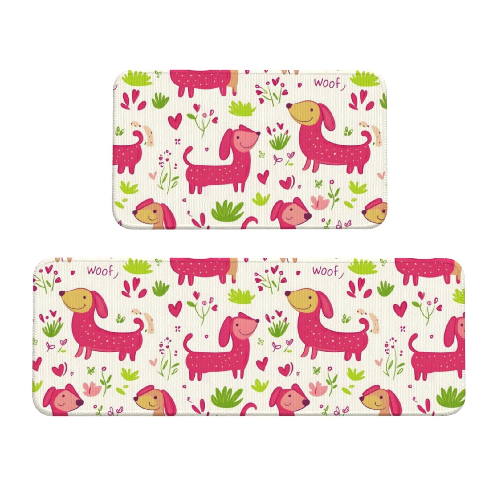GVYGVY Antifatigue Kitchen Mats for Floor 2 Piece - Cute Dachshund Rose Print Kitchen Rugs Washable, Non Slip Runner Rug Standing Mat for Office/Bathroom/Laundry/Home Decor and Accessories