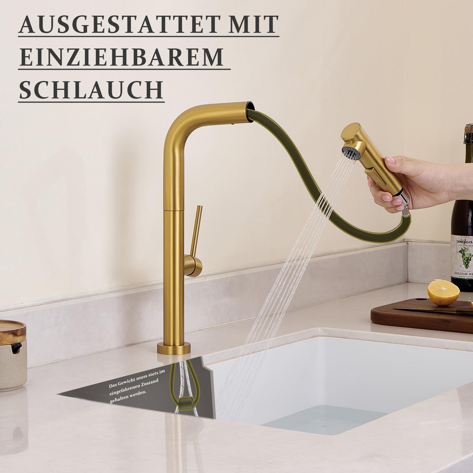 Wasserhahn Küche Gold, Küchenarmatur Ausziehbar Mischbatterie | Hochdruck Armatur Küche aus Edelstahl, 360°Schwenkbar Zwei Sprühfunktionen, Küchenarmatur mit Brause