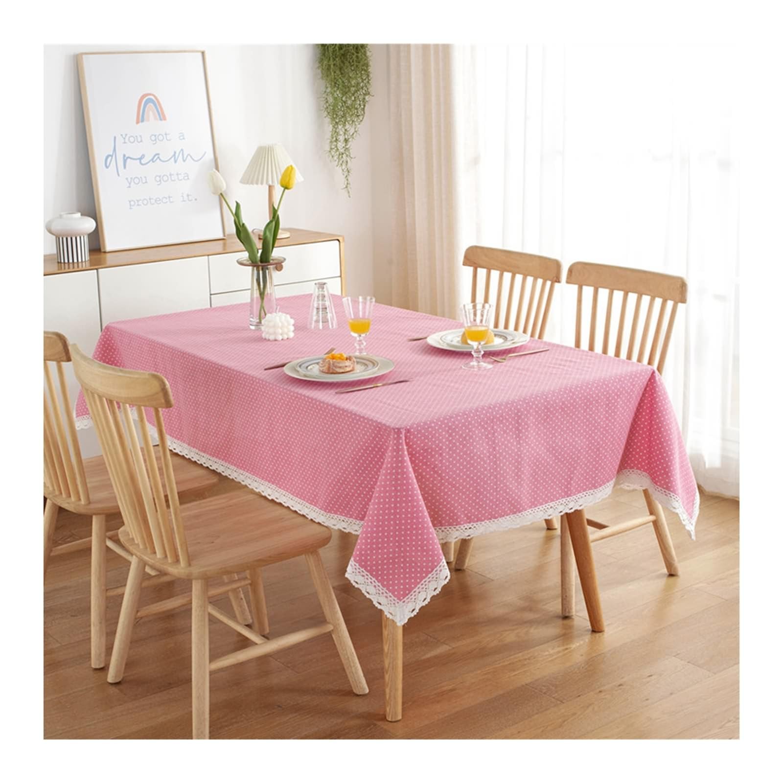 Nappe rectangulaire 90x90 cm rose à pois blancs et dentelle