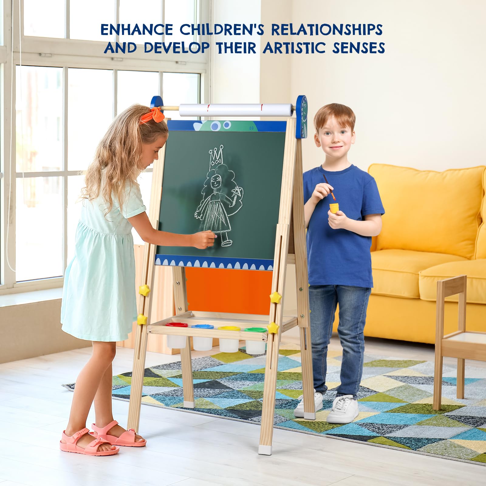 Kinder Staffelei, 3-in-1-Staffelei zum Malen mit Magnettafel, Zeichenpapier, tafel kinder, magnettafel, Höhenverstellbar Standtafel,Geschenk, Blau