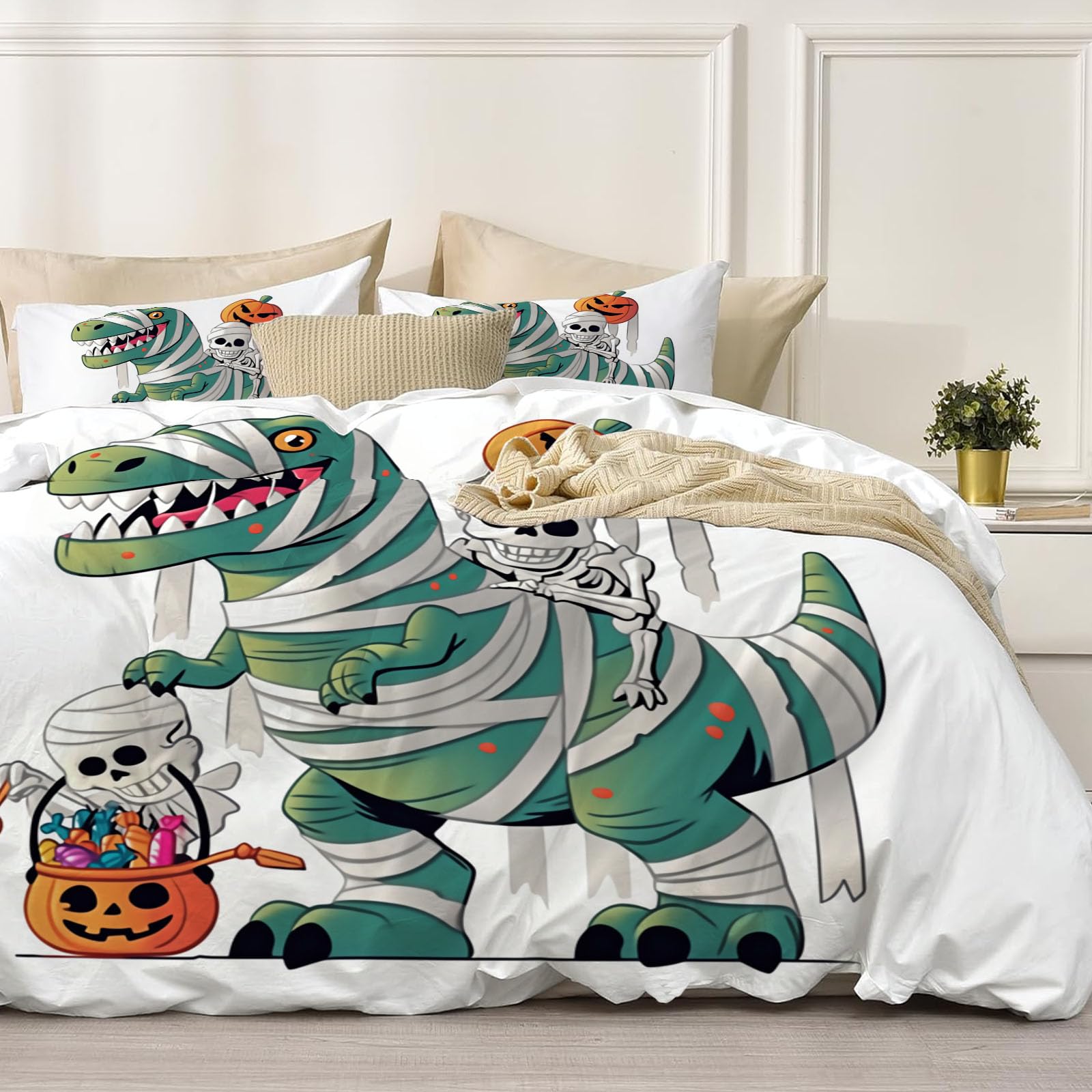 Housse de couette 200x200cm pour un lit douillet style dinosaure vert sauge