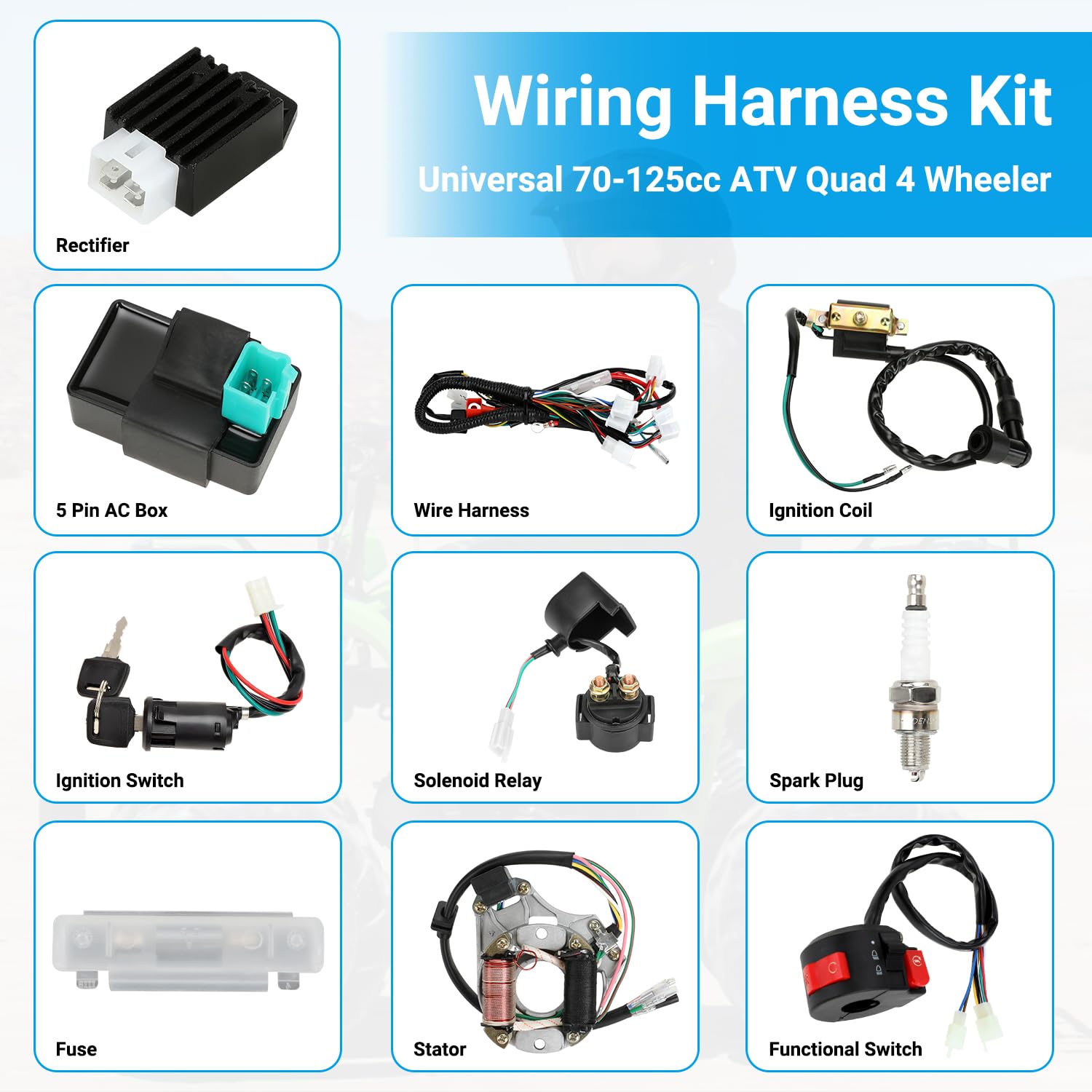 Complete Wiring Harness Kit Compatible with Tao tao Coolster 110cc 4 Stroke Chinese ATV Quad 4 Wheeler Kazuma SunL NST Roketa Loncin Lifan Baja Vitacci Icebear Buyang Coolsport Parts