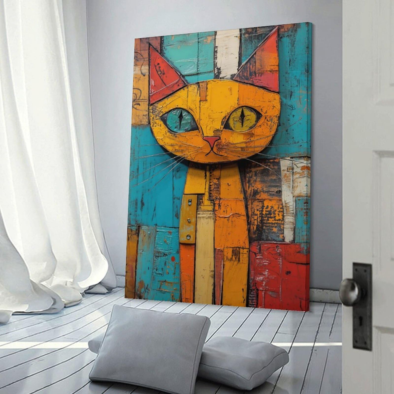 Junmoney Cat Wood Art Wall Art Print, 20x30inch(50x75cm), for Study, Office Or Focused Interiors, Home Office Artwork with Decorative Appeal