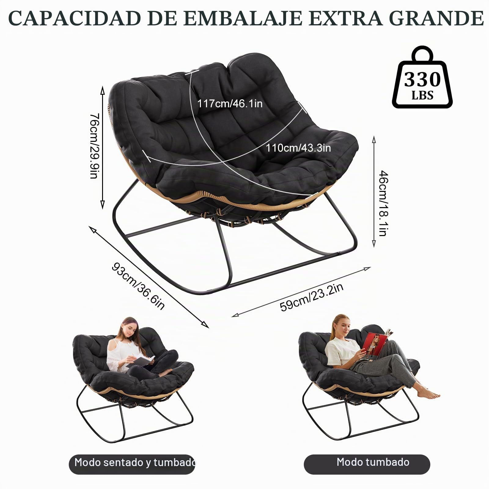 TWSOUL Mecedora para jardín, salón, relax, sillón de ratán, silla mecedora con acolchado, soporta hasta 150 kg, para jardín, dormitorio, salón, balcón (negro)
