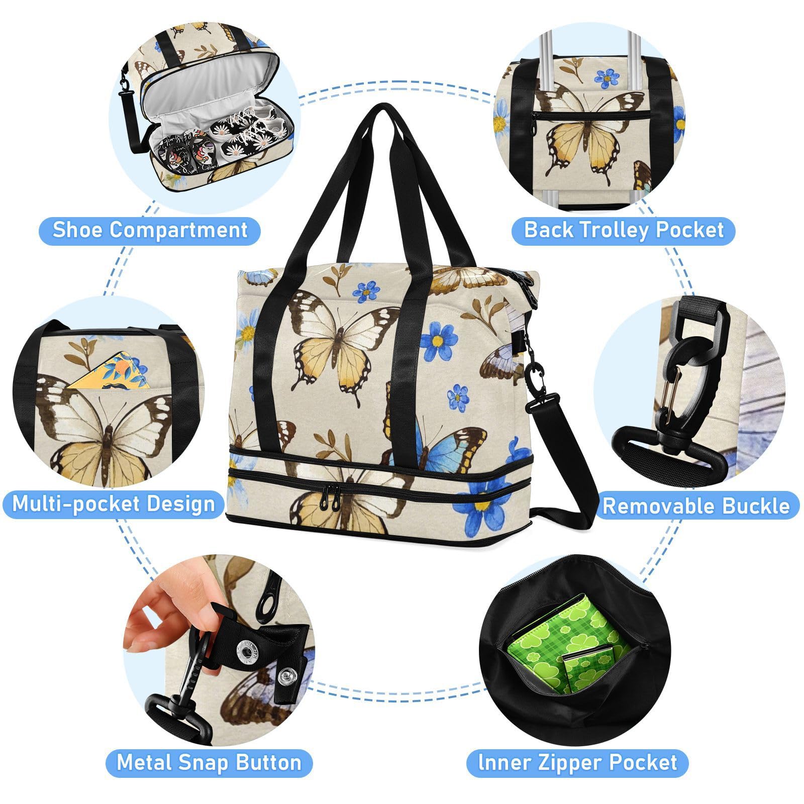 Modische bunte Reisetasche mit Schmetterlingen, Beige, übergroße Reisetasche mit Nassfach, verstellbarer Riemen, Tragetasche für Fitnessstudio, wasserdicht, für Männer und Frauen