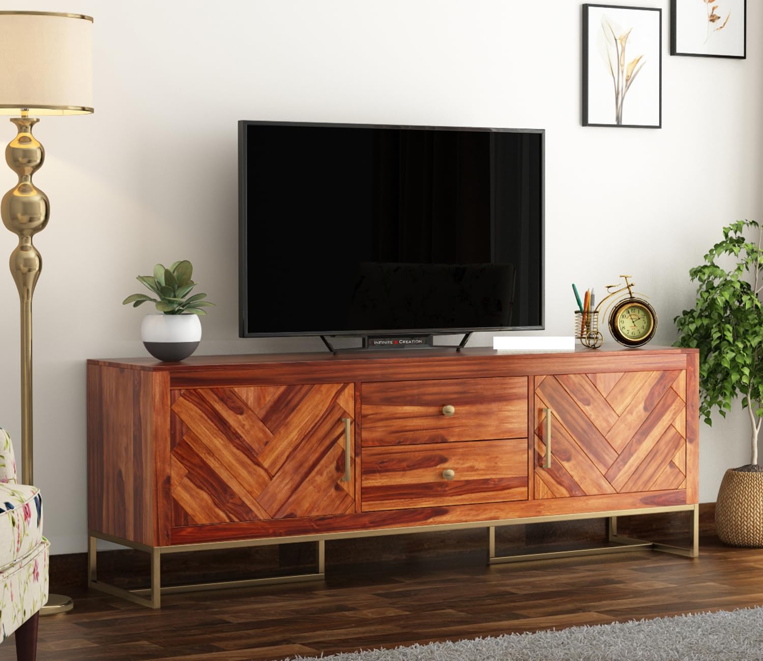 Premium Solid Sheesham Wood TV Unit with 2 Drawers, 4 Shelves, and 2-Door Storage - Accommodates up to 65-Inch TV (Jett 2, Honey Finish)-image-44