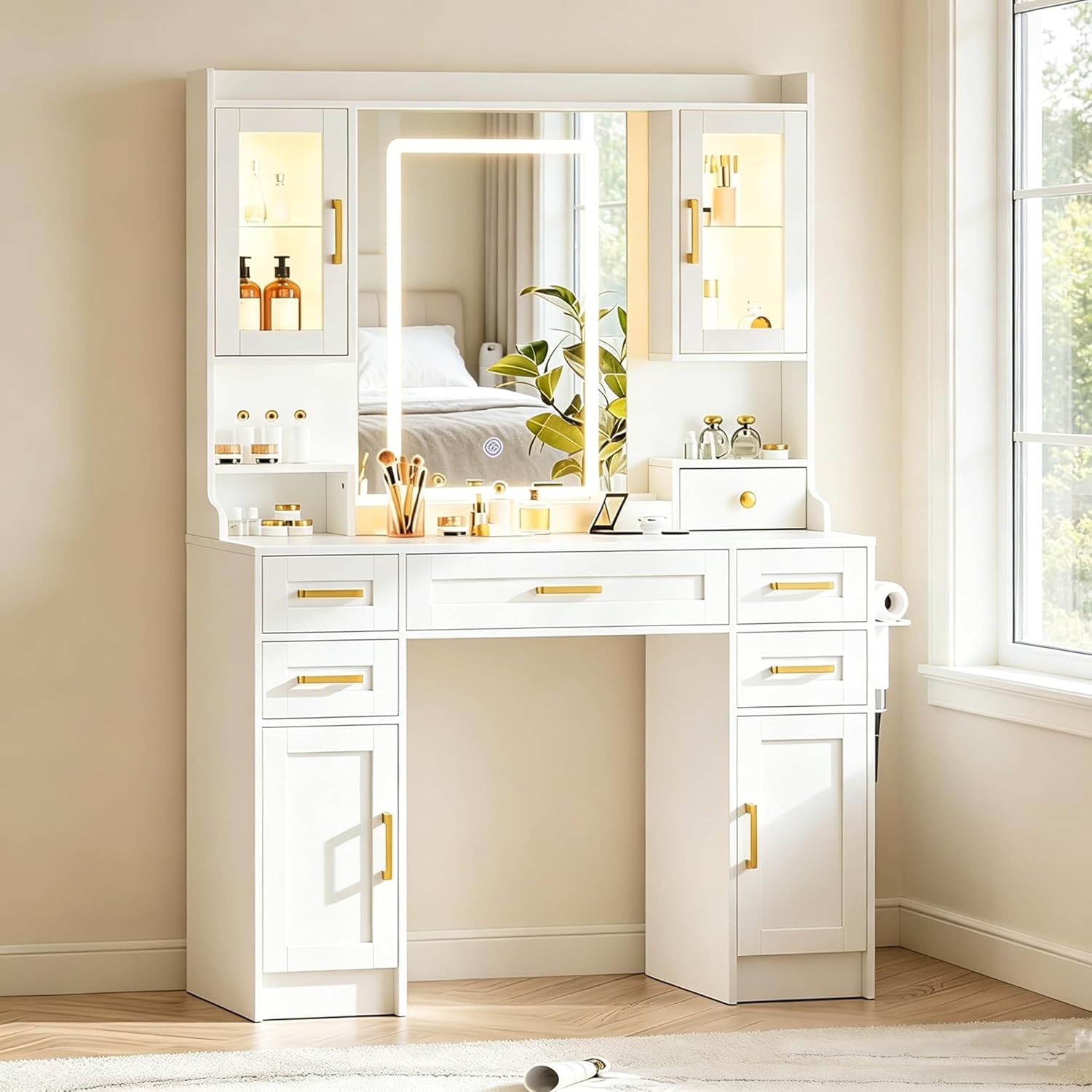NUNU LAB 42 Inchs Large Vanity Desk with Mirror and Lights with 6 Drawers and 4 Cabinets, Big Women Makeup Table with Power Outlet, 3-Color Adjustable Lighting for Bedroom