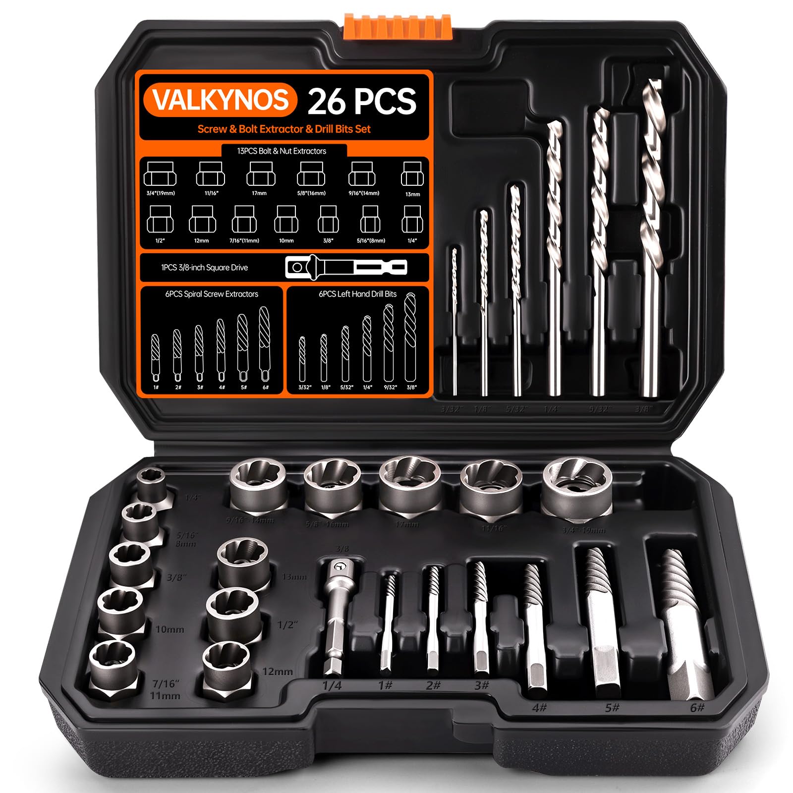 Valkynos 26 Pcs Bolt Extractor Kit and Left Hand Drill Bit Reverse Drill Bit Extractor Set, Easy Out Screw Remover Set Tool for Damaged, Rusted,