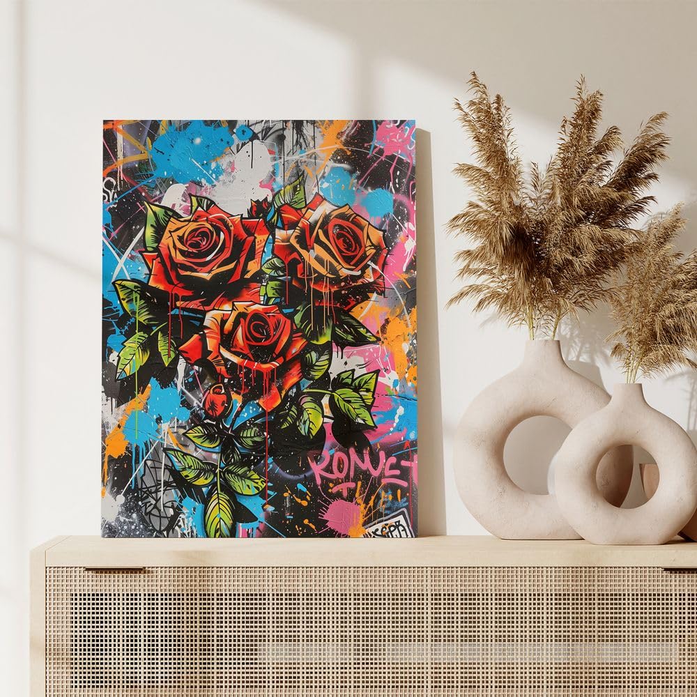Fchen art Poster su tela con graffiti di strada e rose rosse, stile hip hop, poster su tela, decorazione da parete moderna per camera da letto, poster pronto da appendere, 60 x 90 cm