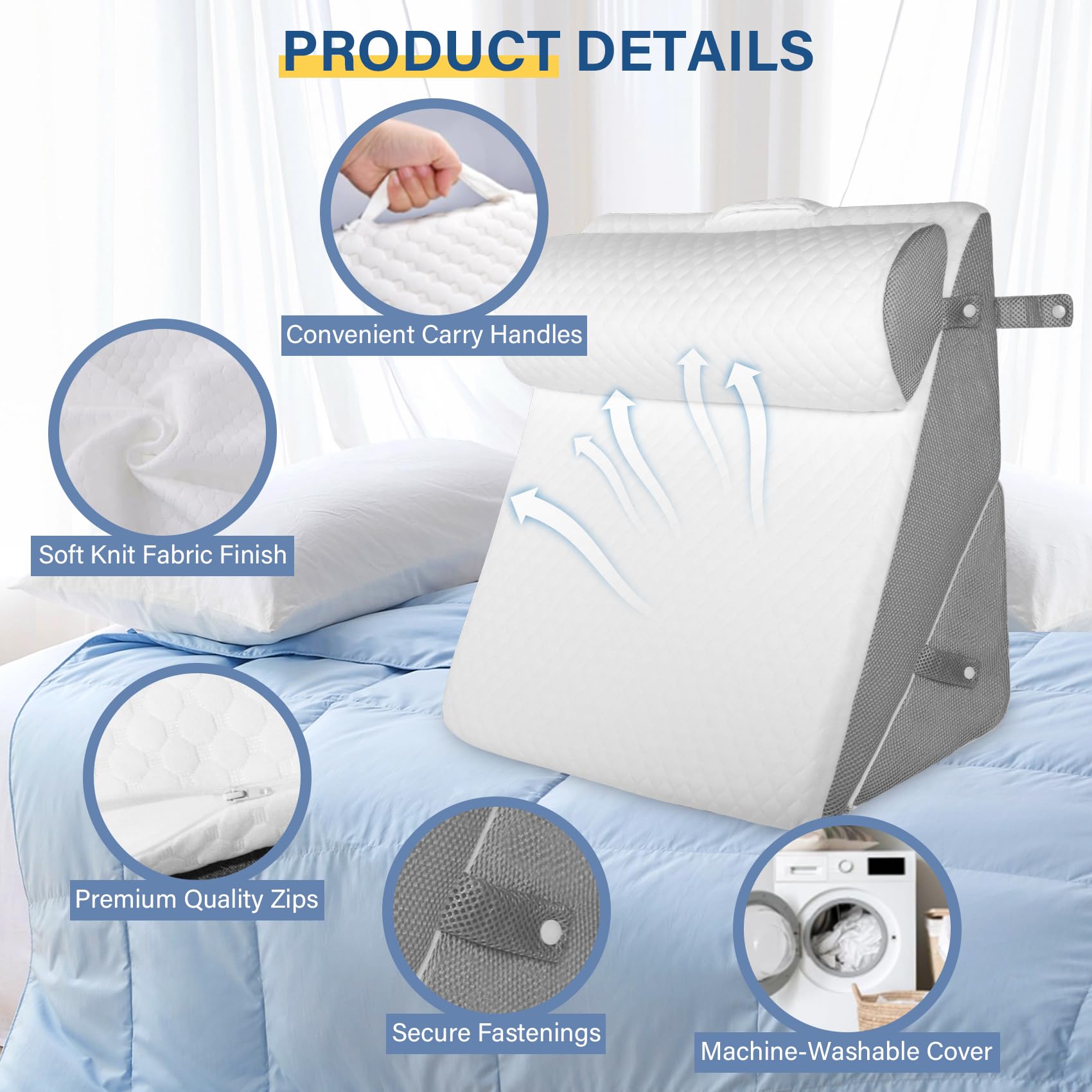 3-in-1 Keilkissen, Keilkissen Bett, Orthopädisches Keilpolsters für Bett | Memory Schaum Reflux Kissen, Faltendes Dreieckskissen, Zur Unterstützung von Beinen, Linderung von Sodbrennen, Schlafapnoe