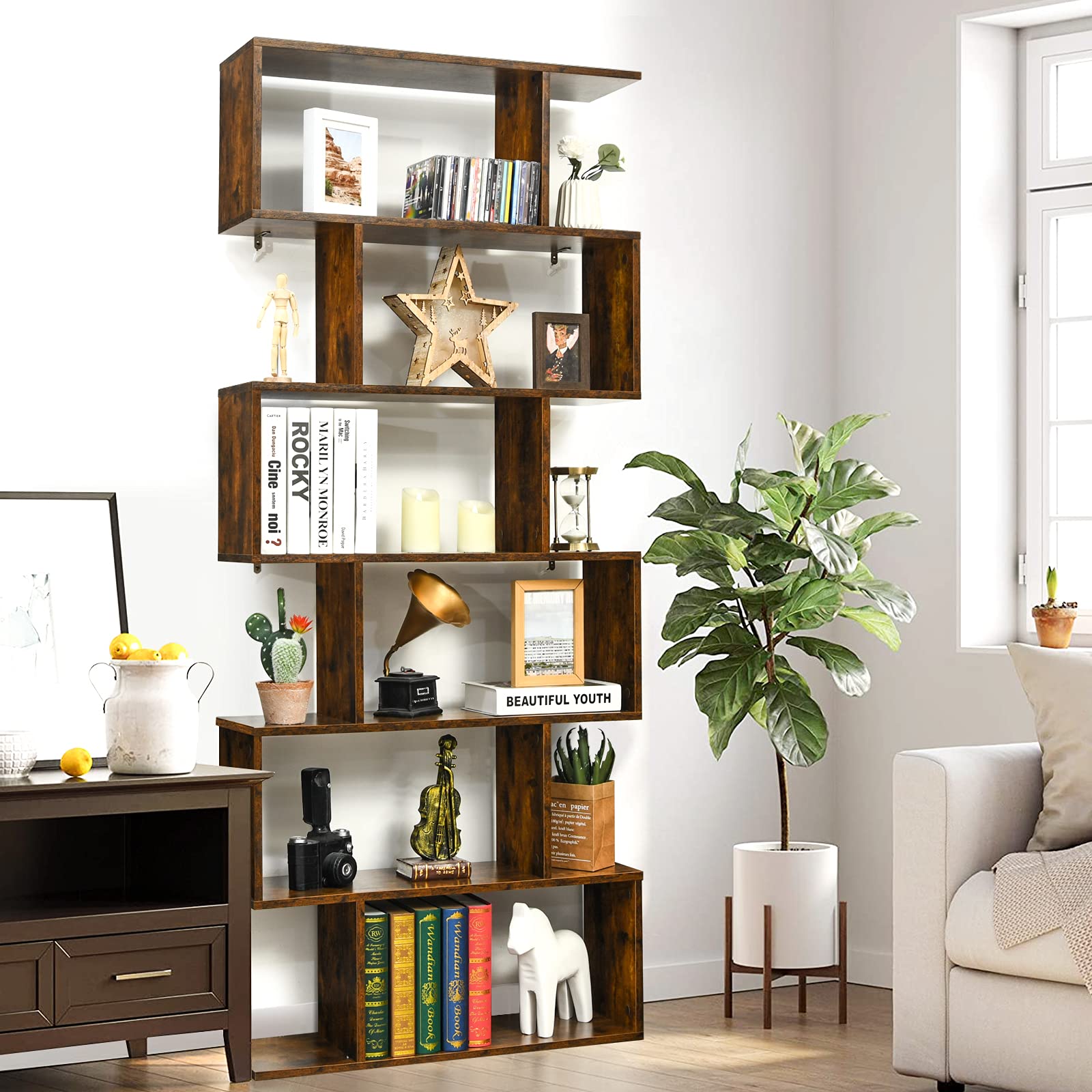 Tangkula Estantería De árbol De 5 Niveles Con Cajón Estantería Rústica