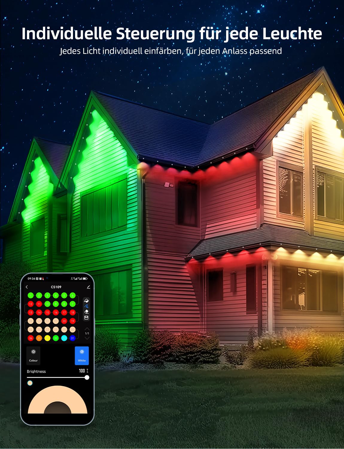 APPECK Permanente Außenbeleuchtung 30m mit 72 LEDs, Lichterkette Außen Haus | Smarte, Farbwechsel, IP65 Wasserdicht, RGBW, 111 Szenenmodi, für Tägliche Feiertag Dekoration, Kompatibel mit Alexa, Schwarz