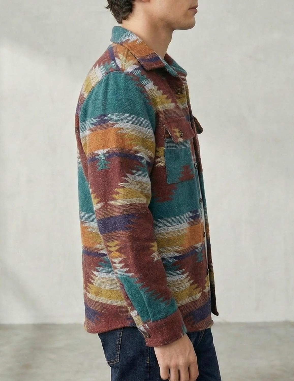 ZAFUL Mens Aztec Print Button Up Lapel Tribal Shirt Flannel Shirts Tribal Geometric Ethnic Jacket Shacket(C3 XL) - Image 3