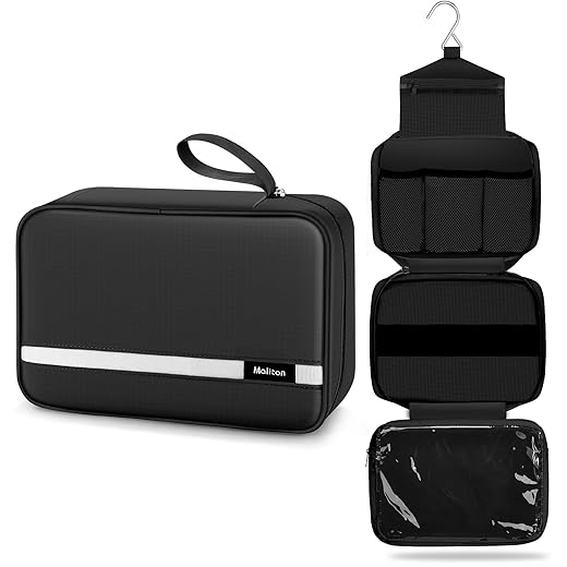 Maliton Toiletry Bag for Men & Women | Large for Traveling | Hanging Compact Hygiene Bag with 4 Compartments | Waterproof Bathroom Shower Bag (Black)