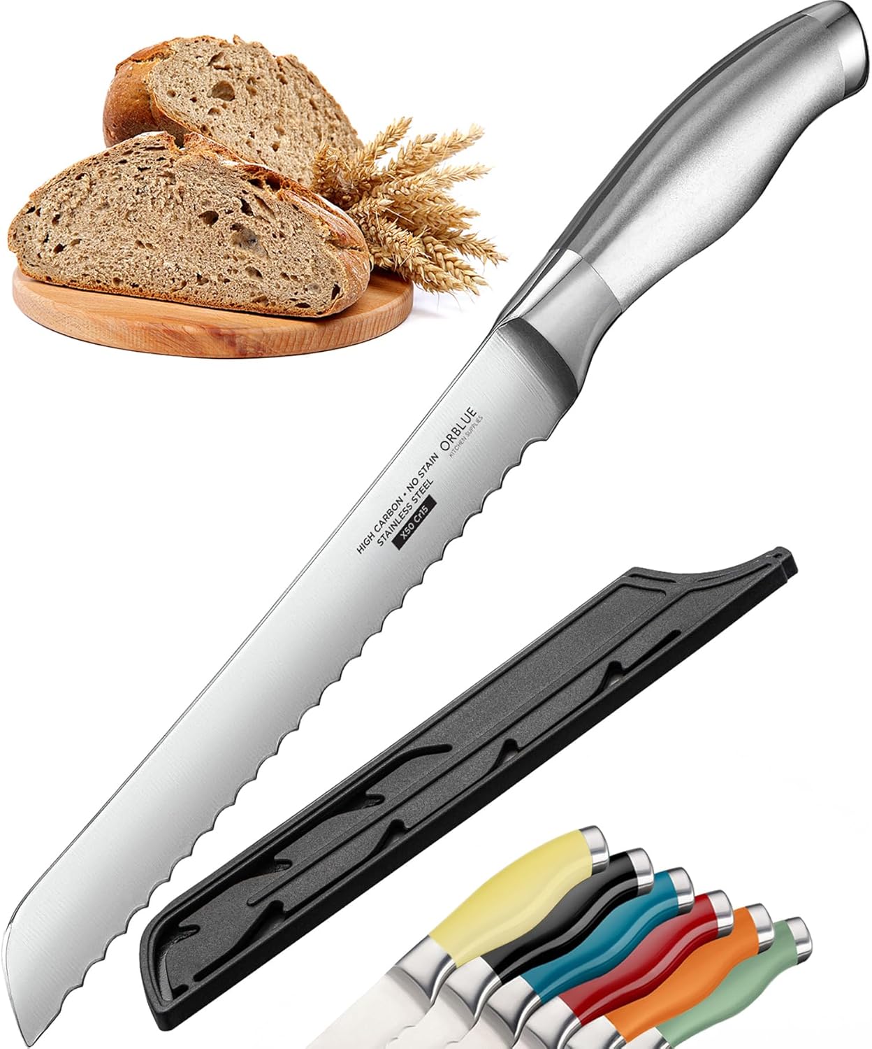Orblue Serrated Bread Knife with Upgraded Stainless Steel Razor Sharp Wavy Edge Width - Bread Cutter Ideal for Slicing Homemade Bagels, Cake (8-Inch Blade with 5-Inch Handle)