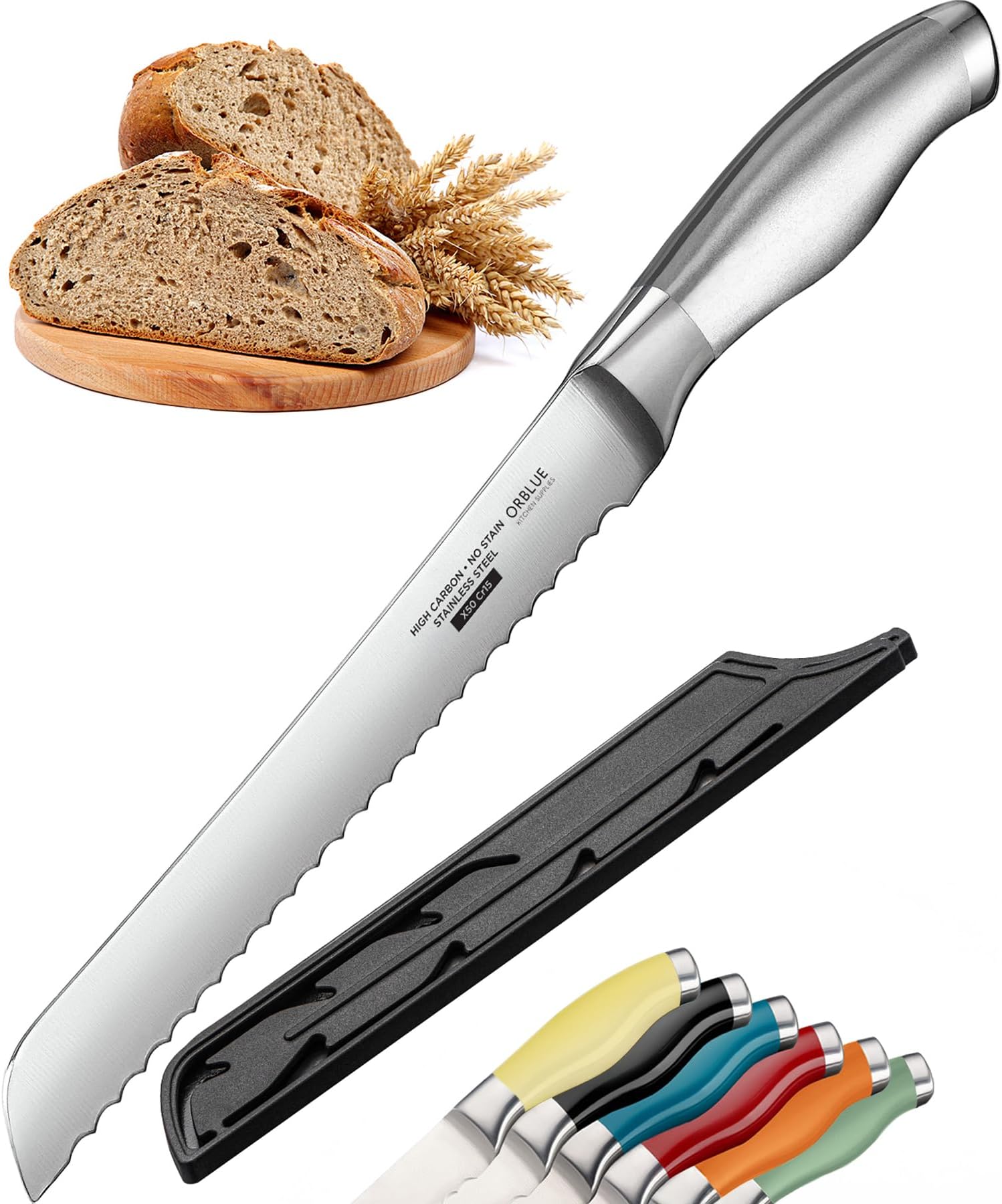 Orblue Serrated Bread Knife with Upgraded Stainless Steel Razor Sharp Wavy Edge - Bread Cutter Ideal for Slicing Homemade Bagels, Cake (8-Inch Blade with 5-Inch Handle)