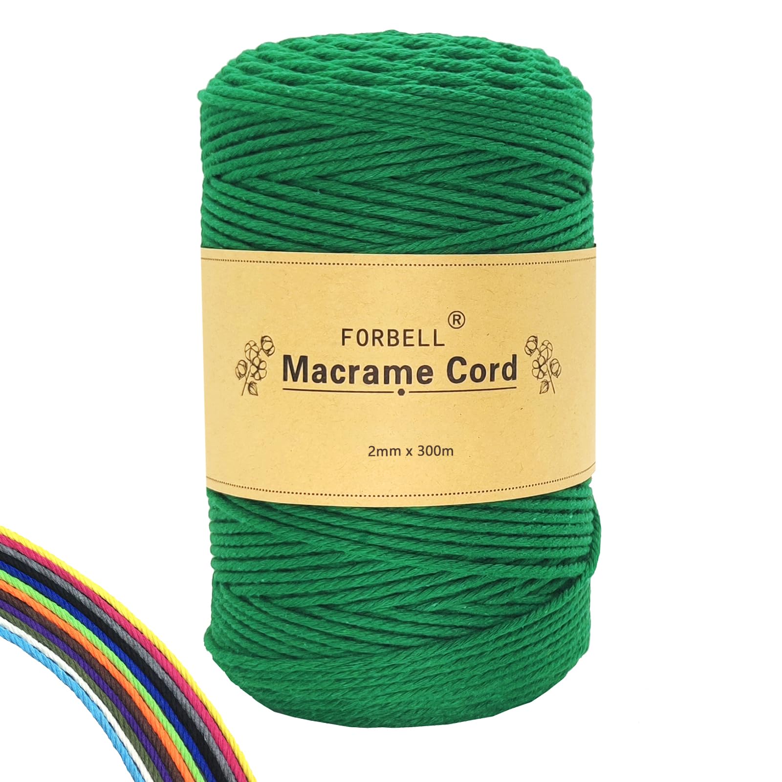 FORBELL Macrame Yarn, 2 mm x 300 m Premium Cotton Yarn, DIY Crafts (Emerald Green, 2 mm x 300 m)