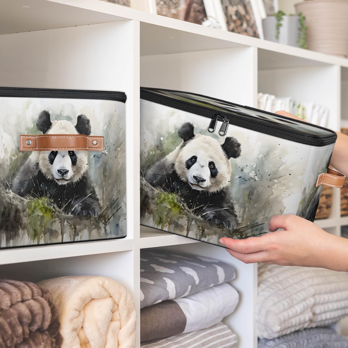 Storage Bin Set of 2 Watercolor Panda Storage Basket with Zipper Lid & Handle Foldable Closet Shelf 2 Pack Cloth Organizer Basket Cube Bins Clothes Organizer for Bedroom, Nursery